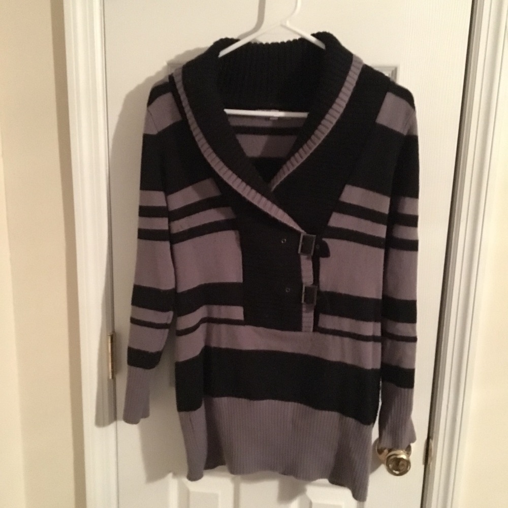 Grey and black striped sweater w/ buckle details